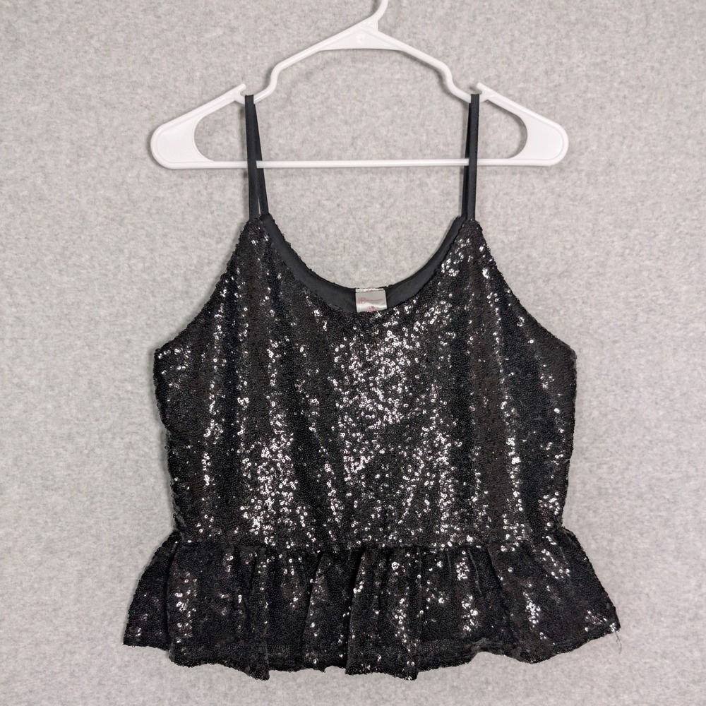 No Boundaries Cami Black Sequin Peplum Top Size Large Sparkly Party Club wear